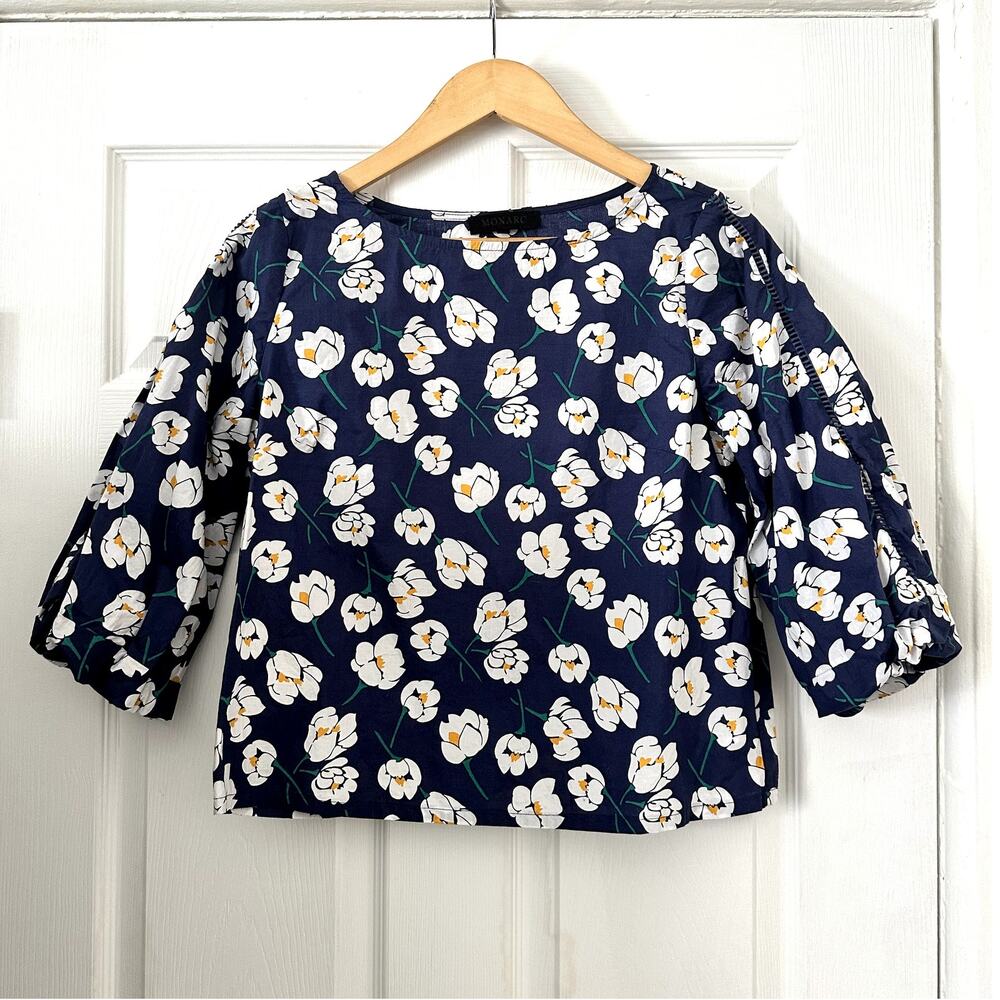 Anthropologie Monarc Blouse Womens S Navy Floral Puff Sleeve